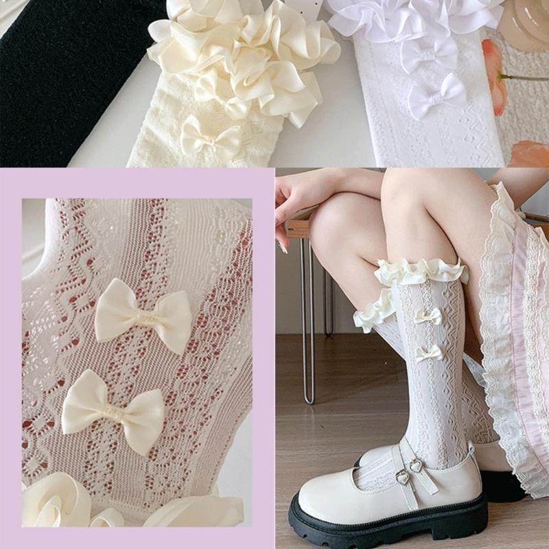 Women Japanese Aesthetic Hollowout Mesh Middle Tube Socks Striped Patterned Ruffle Trim Over Calf Socks with Bows Accent