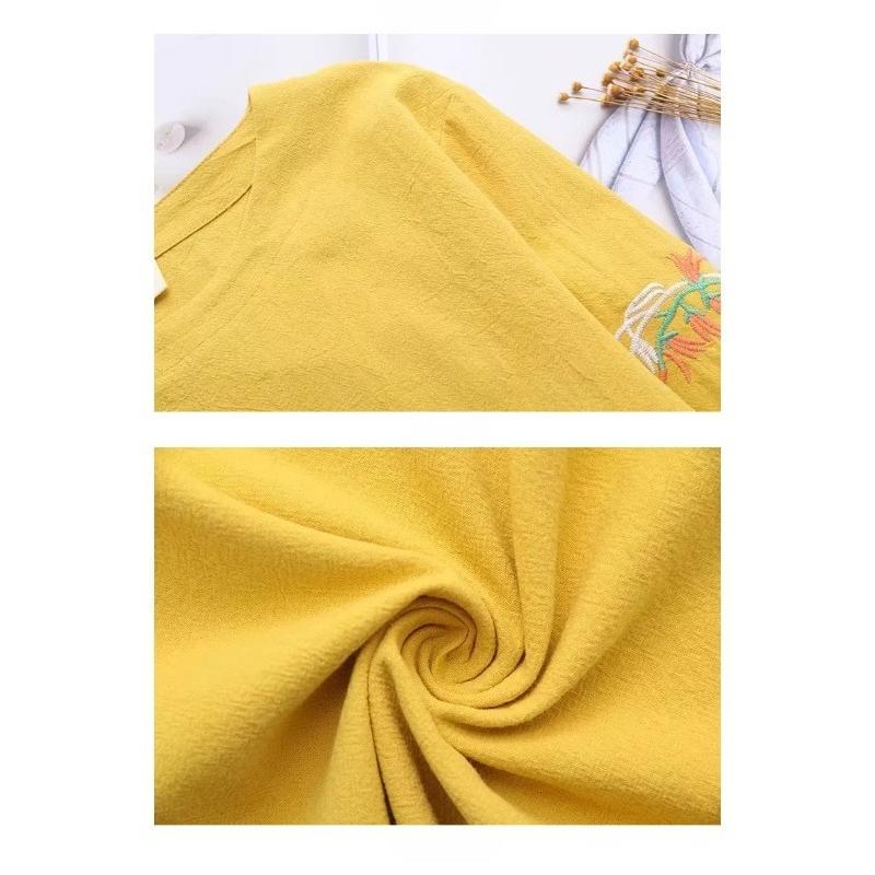 Women's Shirts Breathable Vintage Embroidered Long Sleeve Loose Casual Women's Blouse Round Neck Solid Color Office Ladies Base Blouses Tops Fashion