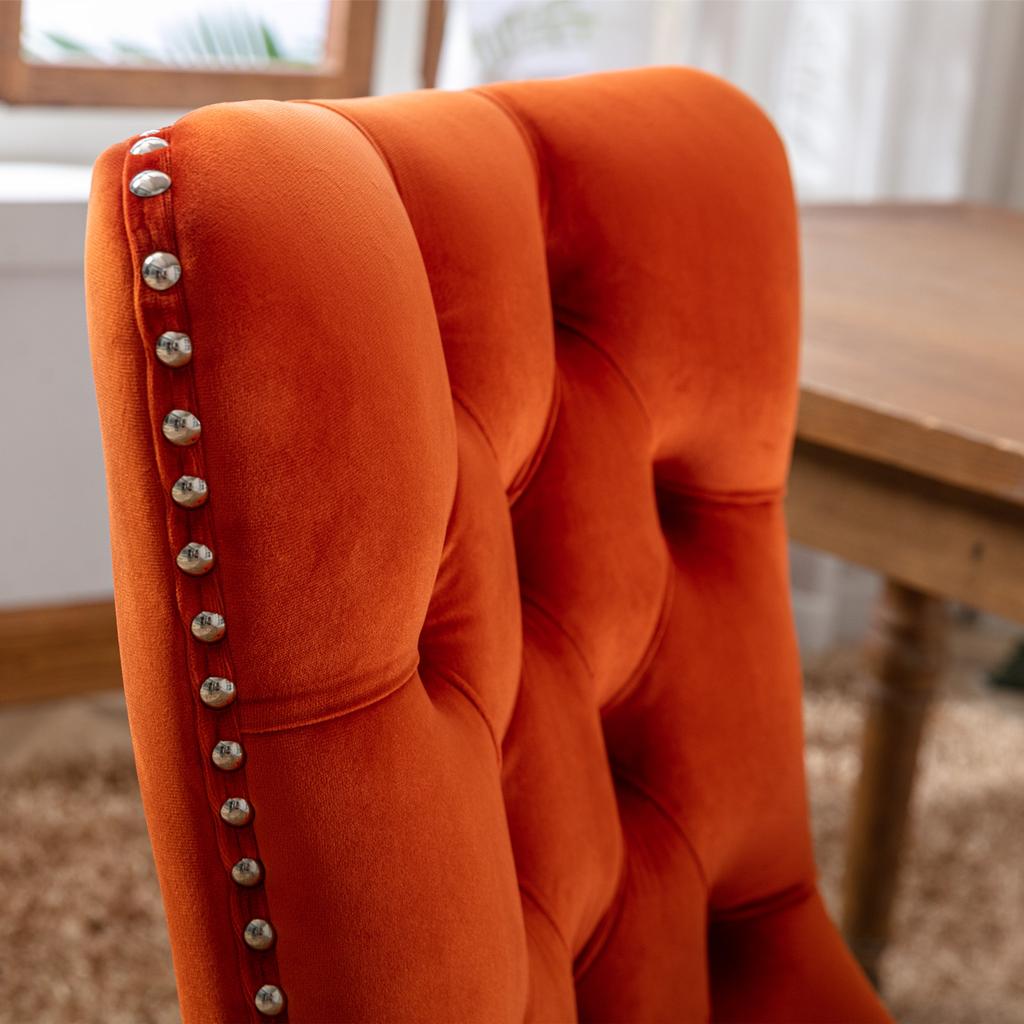 Nikki Collection Hochwertiger getufteter Massivholz Moderner Samtbezogener Esszimmerstuhl mit Holzbeinen Nagelkopfverzierungen 2er-Set, Orange, DE2001OG