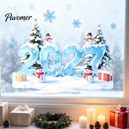 Holiday Glass Stickers 2027 Christmas Winter Window Cling, Static Sticker with Snowman, Bathroom Decoration Tree, Snowfalke, Removable Waterproof Door
