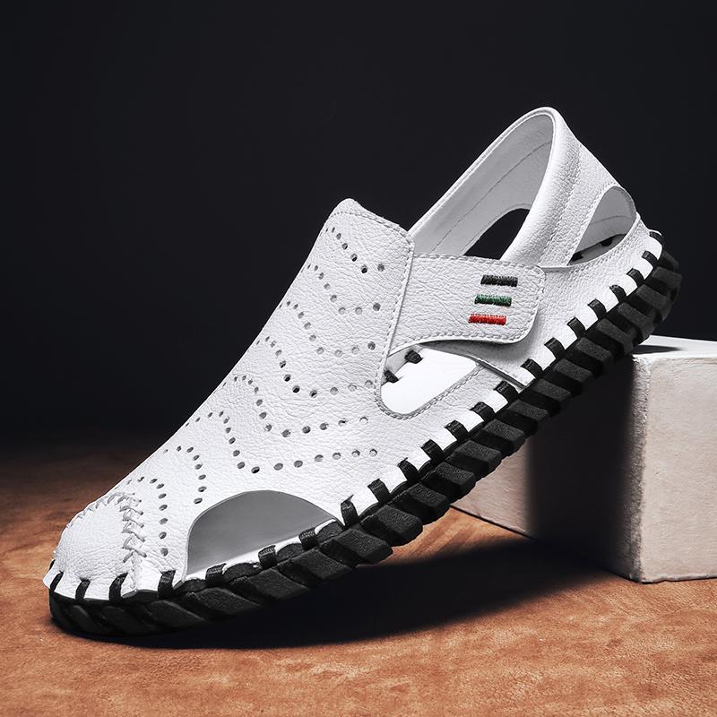 Fashion Men Handmade Sandals PU Solid Color Hollow Soft Sole Business Casual Sandals Comfortable Breathable Non Slip Beach Shoes