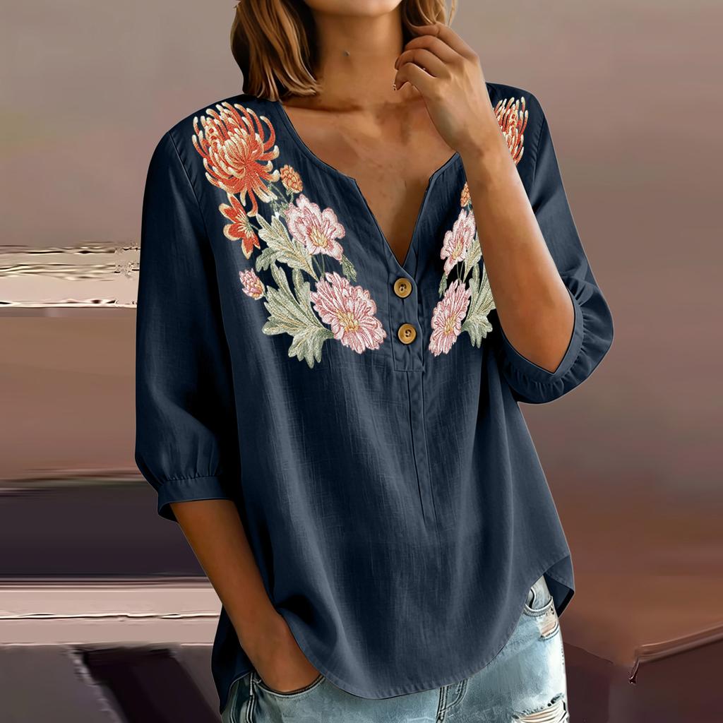 Damen Blumenstickerei Henley-Kragen Knopfleiste Hemd Dreiviertelarm Baumwolle Leinen Oberteil Lässige Bluse