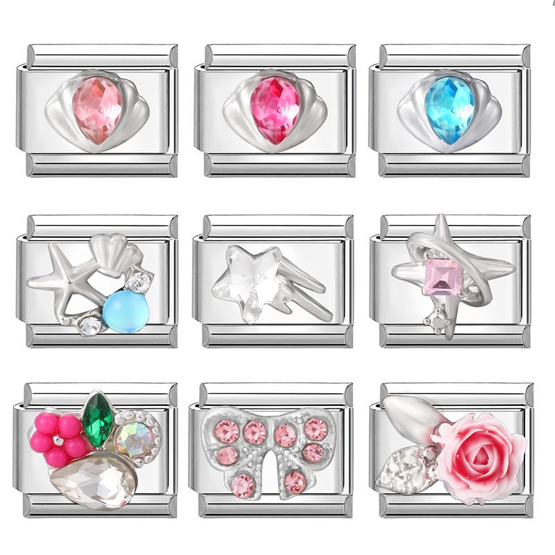 New Zircon Starfish Heart Shell Crown Rose Flowers Italian Charm Links Fit 9mm Stainless Steel Bracelet Women DIY Making Gifts