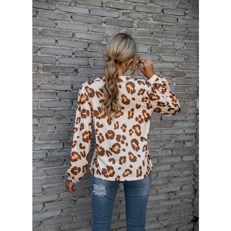 Plus Size Leopard Print V Neck Off The Shoulder Long Sleeved Top for Women