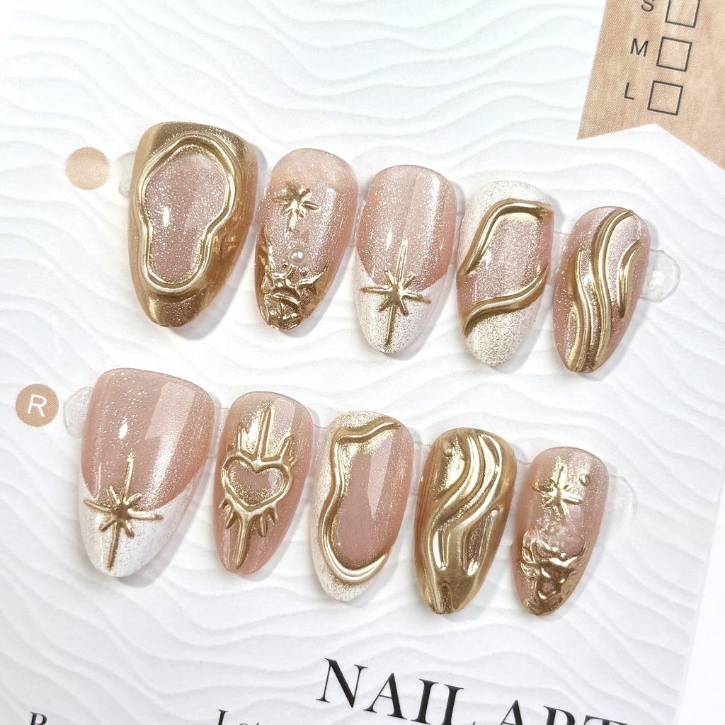 24PCS Luxury Golden 3D Star Ripples Almond Werable False Nails Retro Simple White French Fake Nails High-quality Nails Press On