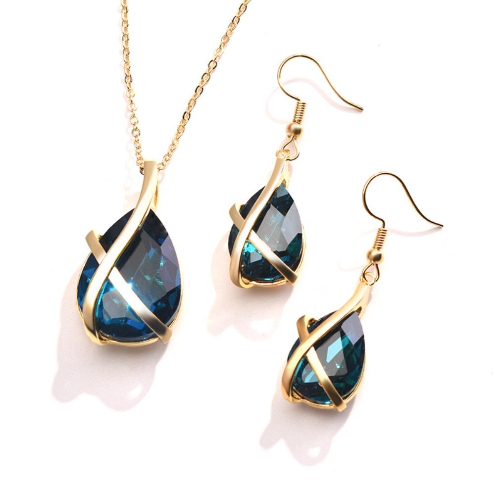 Women Jewelry Set Peacock Blue Teardrop Pear Necklace Earrings Wedding Party Accessories