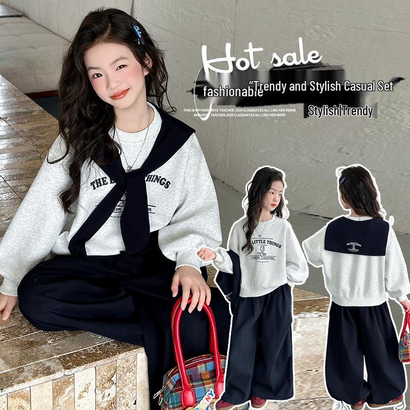 Girls' Spring & Autumn Sailor Collar Sweatshirt and Cargo Pants Set - 2025 Collection