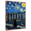Van Gogh Sternennacht Schwarze Katze blickt auf See-Reflexion Dekorative Metall-Wandkunst