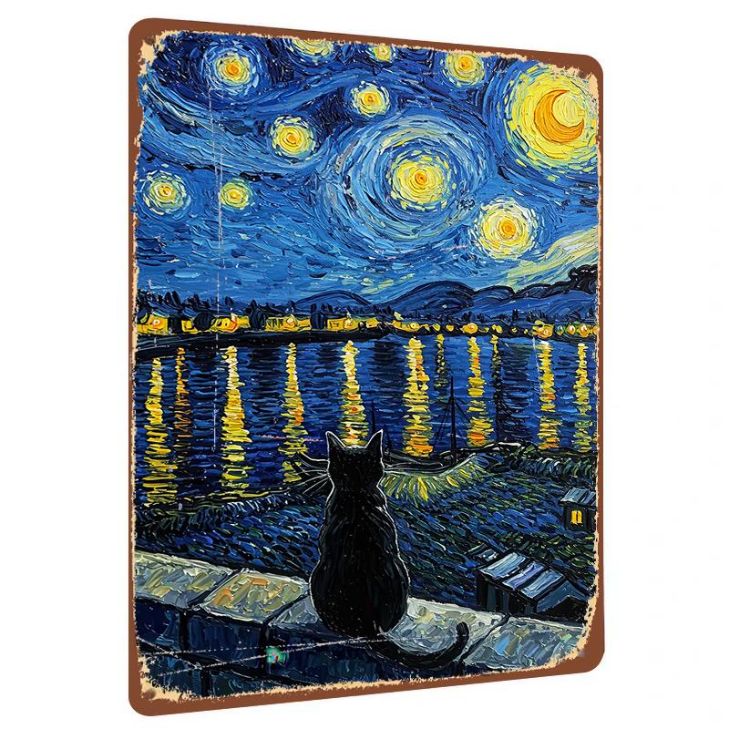 Van Gogh Starry Night Black Cat Overlooking Lake Reflection Decorative Metal Wall Art 20x30cm(7.8x11.8inch)