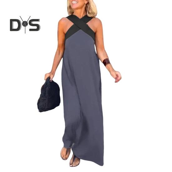 Damen Abendkleid mit gekreuztem Halsausschnitt, schulterfrei, rückenfreies Robenkleid, einfarbig, lockeres Maxikleid für Strandparty, Abschlussball, Urlaub