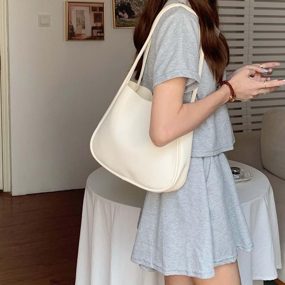 Anti-splash Water Solid Color Handbag Elegant French Underarm Bag Shopping Soft PU Tote Bag  Party