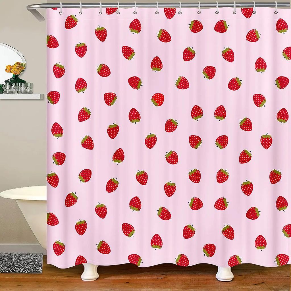 Kawaii Strawberry Shower Curtain For Bathroom Decor, Cute Pink Fruit Shower Curtain Waterproof Fabric Bath Curtain With Hooks