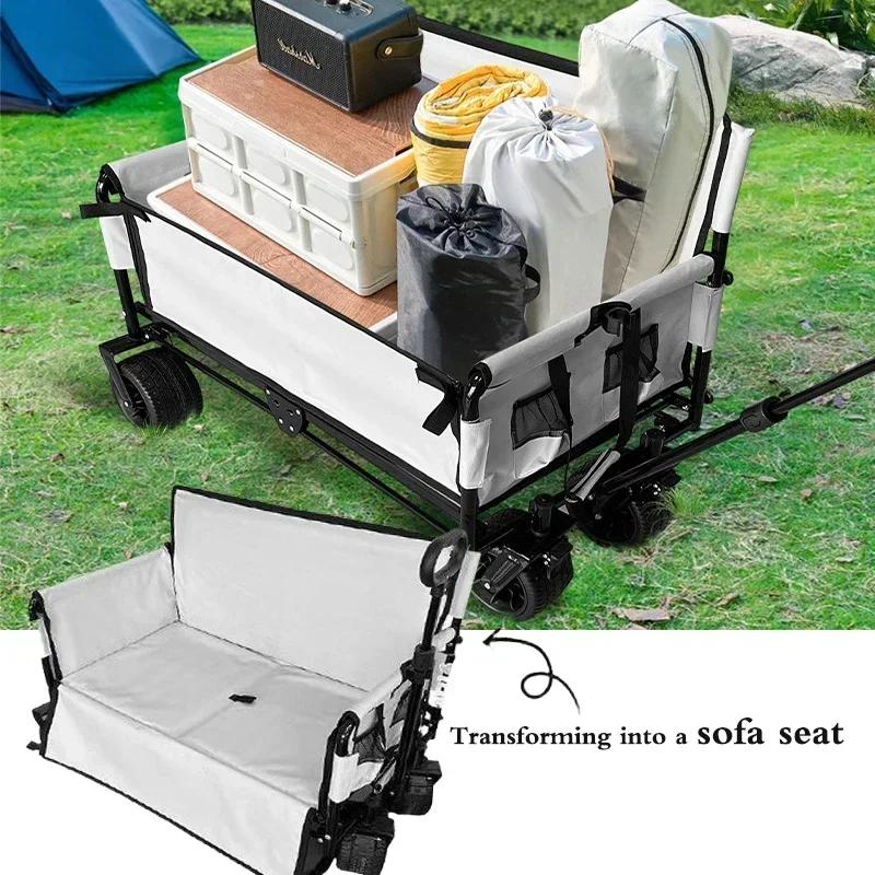 Multifunctional Camping Wagon Cart Convertible To Sofa & Trailer, with 360° Wheels,  Folding Trolley for Outdoor Camping, Picnic