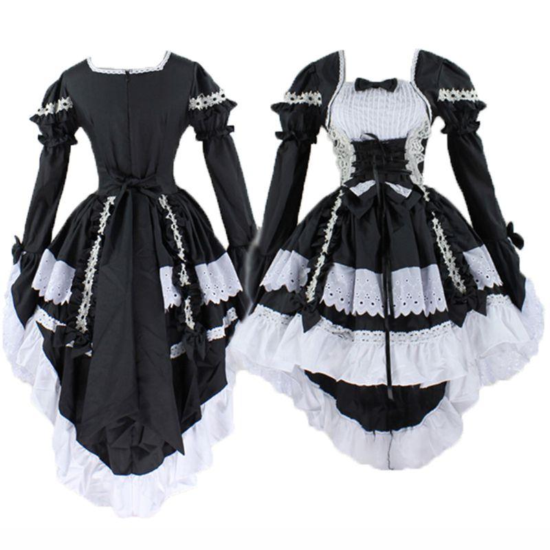 Elegant Women's Lolita Princess Maid Dress With Ruffle Puff Sleeves And Lace Decoration