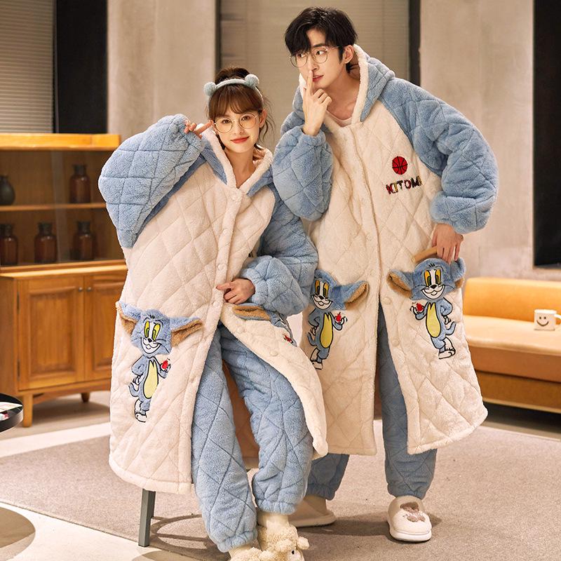 

Зимняя теплая стеганая пижама для пары 2023 года — женская длинная ночная рубашка и мужская фланелевая домашняя одежда Women s XL