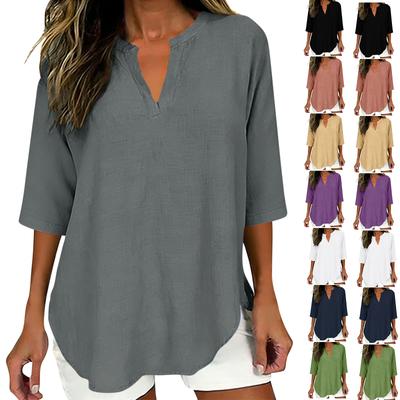 Women's Fashionable Loose-Fit -Color V-Neck Three-Quarter Sleeve Casual Top