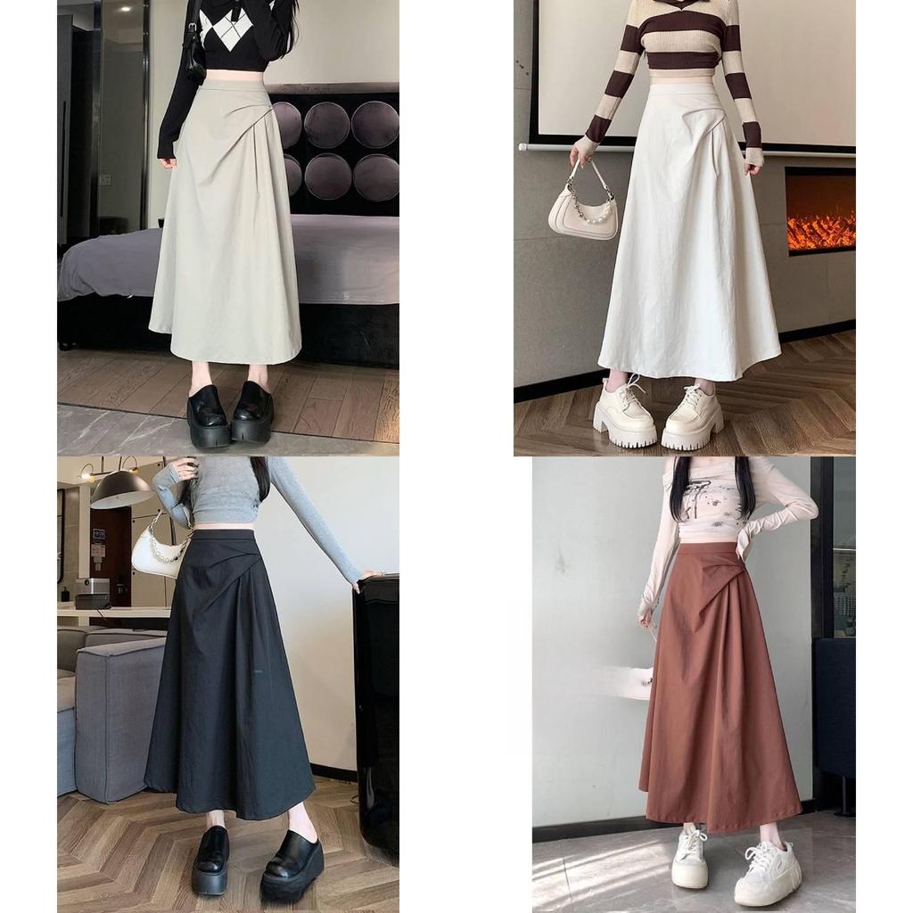 Womens Black Irregular Hem Cotton Blend Midi Skirt For Autumn Winter Fashion