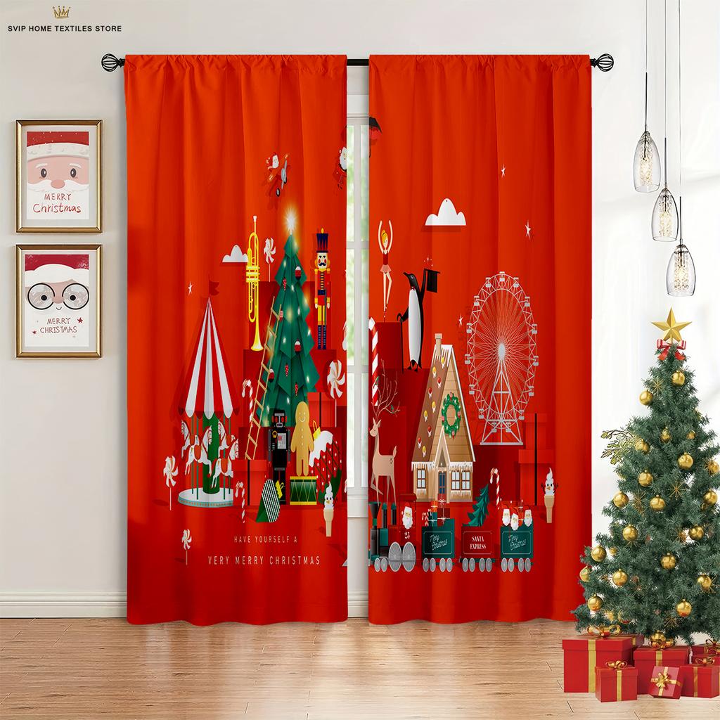 2pcs Cartoon Santa Claus Merry Christmas Printed Curtains Kids Gift Bedroom Restaurant Holiday Party Decorative Curtains