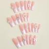 Wearable Long French Sweet Pipe Nails with Diamond Camellia Bow 3D False Manicure Tips