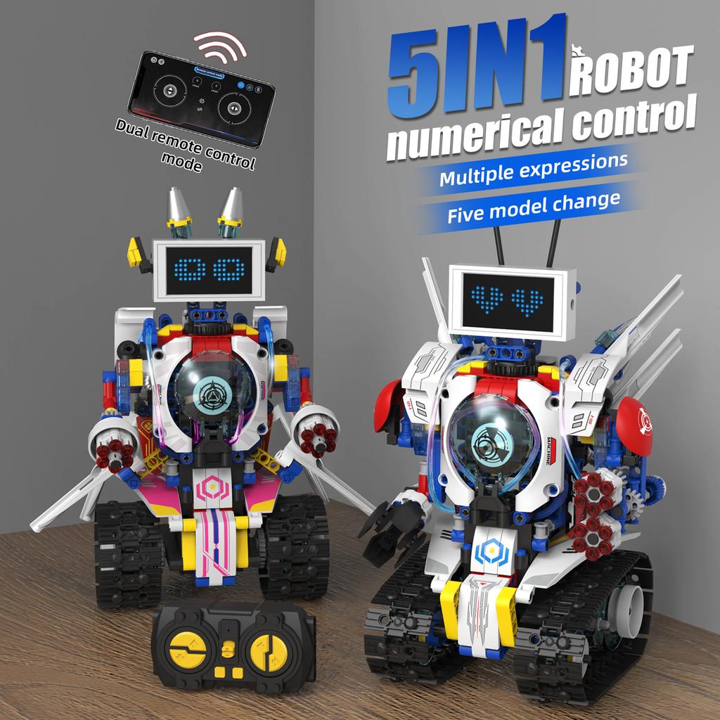 Moc 603Pcs 5 In 1 Electric Rc Intelligent Screen Led Rabbit Robot Rocket Car Mechanical Dog Diy Building Block Children'S Toy
