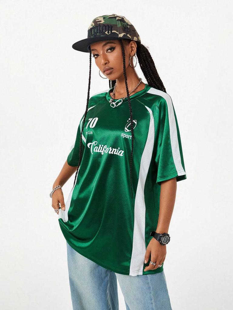 Summer Pink Retro Patchwork Jersey T-shirt, Sports Breathable Short Sleeve Crew Neck Women's T-shirt