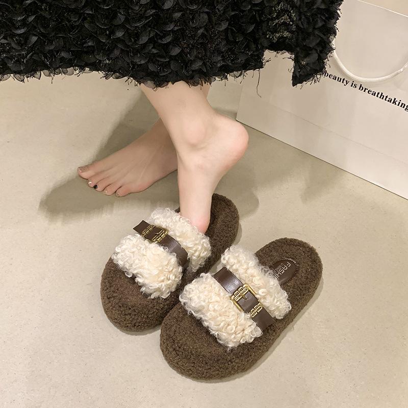 Retro thick-soled fluffy slippers women's outer wear 2025 autumn and winter Korean version comfortable curly slippers one-word cotton towing women's 