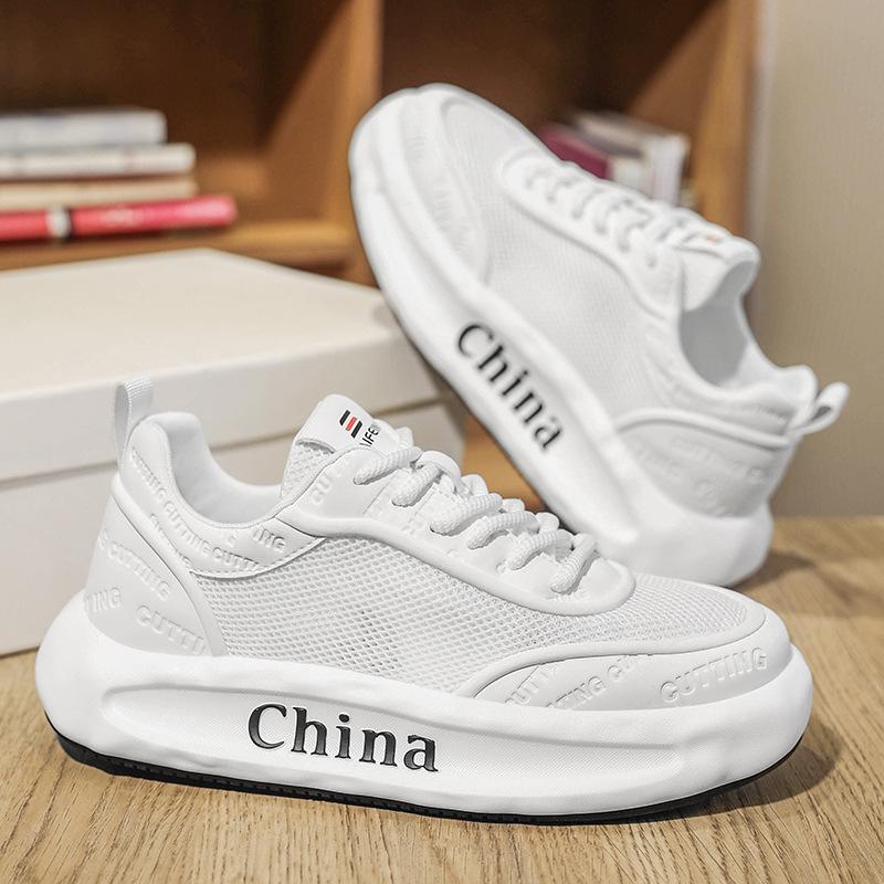 

Мужские кроссовки на толстой подошве 2025 лето новые спортивные дышащие сетчатые белые кроссовки вирусные тренды Douyin повседневная мужская обувь 39 белый