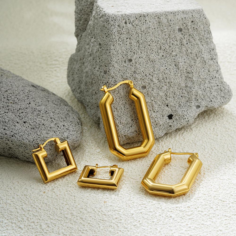 Minimalist Stainless Steel Geometric Chunky Hoop Earrings for Women Gold Plated Square U-shape Ear Buckle Fashion Zircon