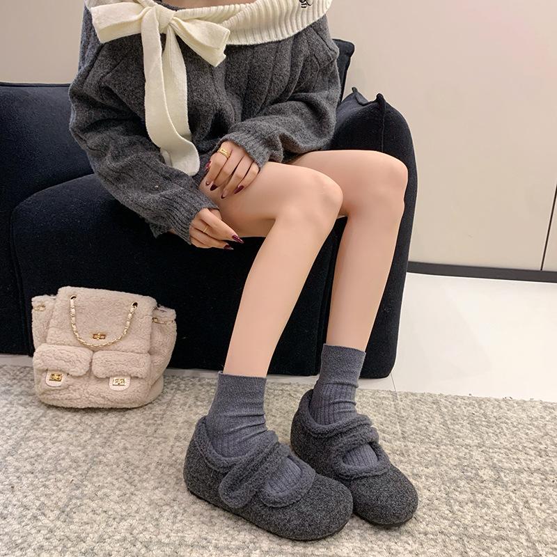 Winter New Platform Woolen Velvet Light Mouth Single Shoes Women's Brown Velcro Mary Jane Wool Cotton Shoes