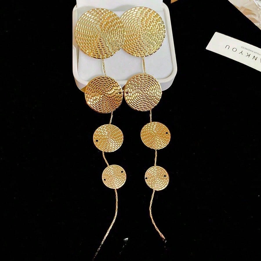 1 Pair Of Metal Round Patterned Long Tassel Earrings, Simple And Versatile Earrings To Decorate Face Shape And Temperament