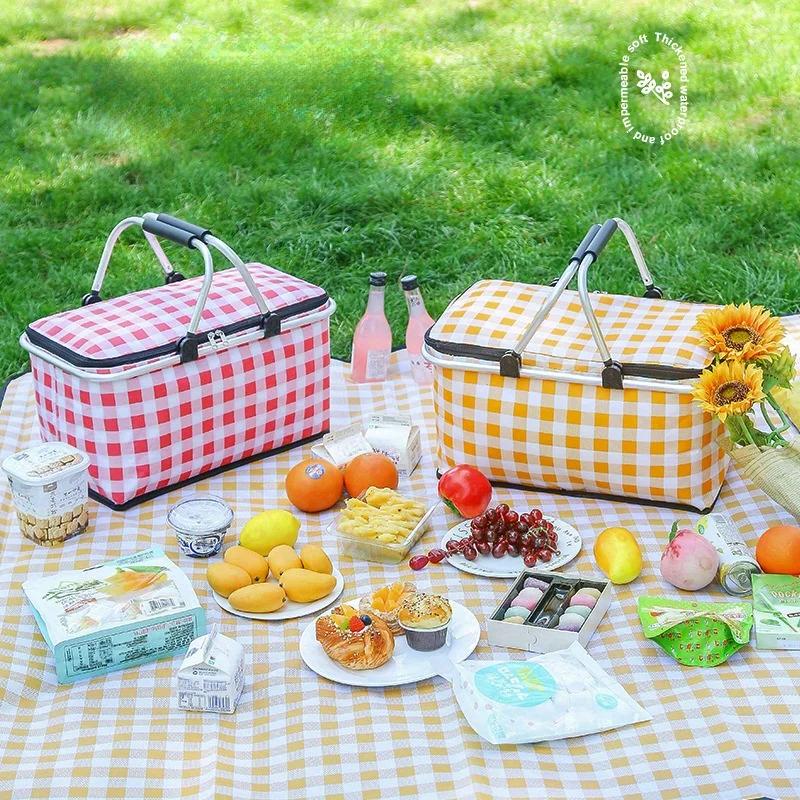 Outdoor Picnic Basket Large Capacity Foldable with Aluminum Foil and Metal Frame Essential Thermal Insulation Camping Lunch Bag