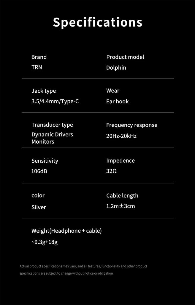 TRN Dolphin Wired 1DD Dynamic Second Generation LCP Dual Magnetic Dynamic HiFi Monitor Metal Detachable Interchangeable Plug In-Ear Headphones, (1