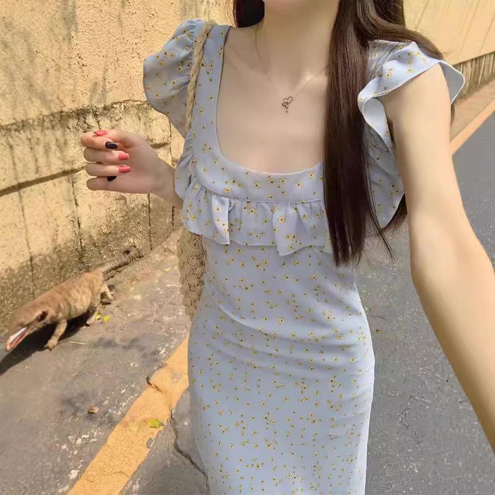 French retro floral dress medium and long temperament lady square neck ruffle edge skirt children's summer knee dress