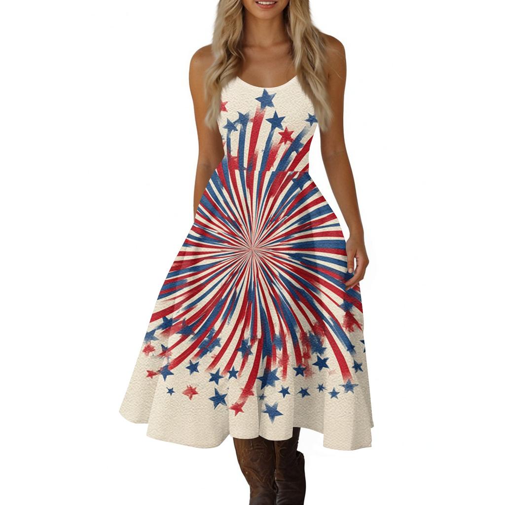 Women's Casual Fashion Independence Day Print V-Neck Retro Sleeveless Dress