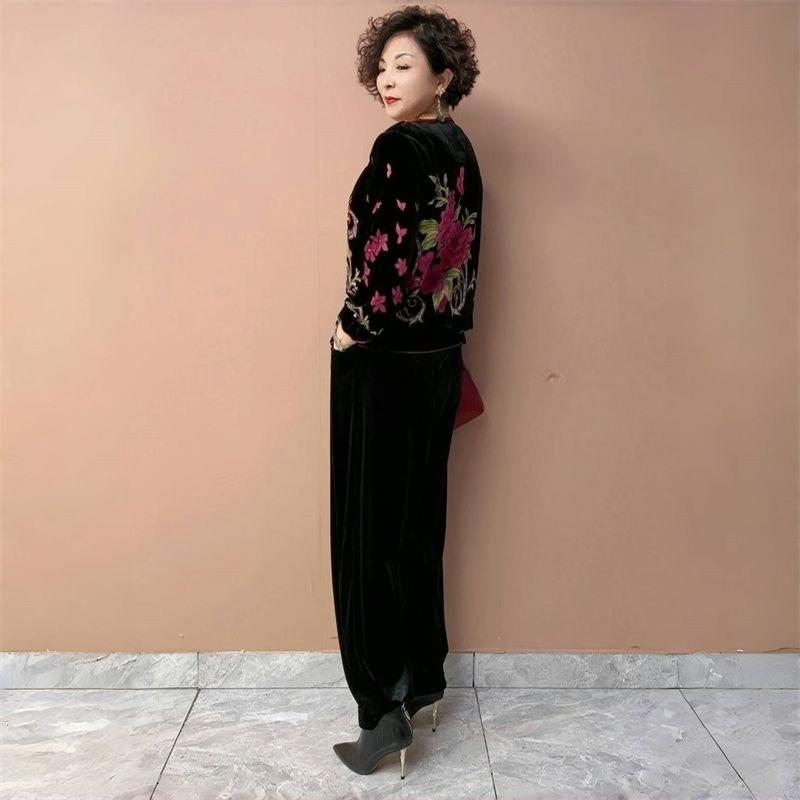 2pcs Vintage Pants Suits High-end Women's Silk Velvet Printed Oversized Blouse High-waist Velvet Pants Two-piece Velvet T-shirt Fall Winter