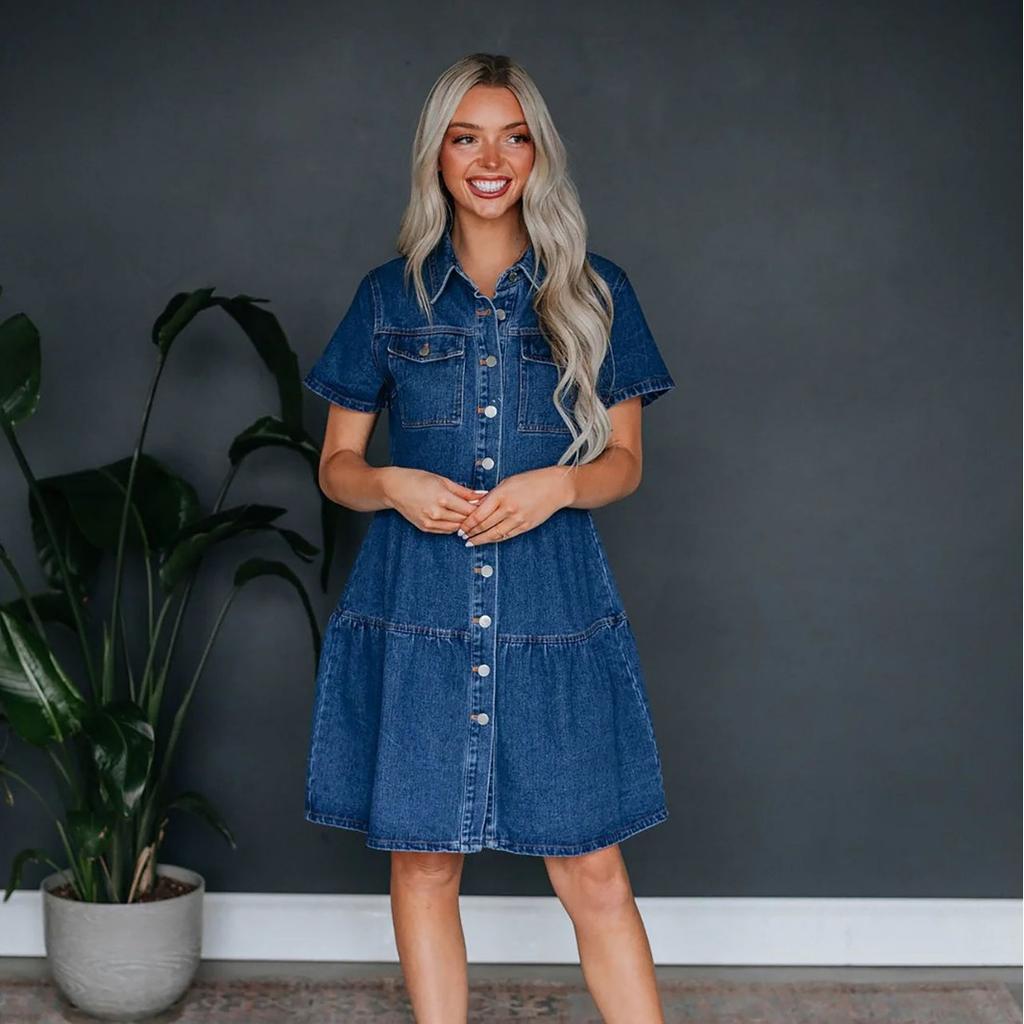 IHUASU Rochie Casual din Denim cu Rever și Mânecă Scurtă de Vară