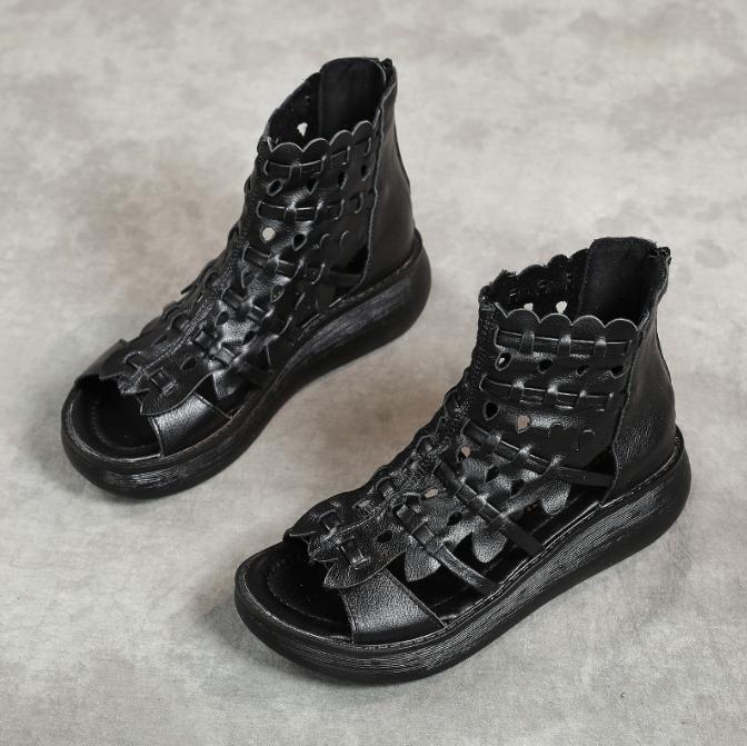 Genuine Leather Roman Women Flat Shoes Women's High Heel Sandals Fashion Casual Sandals New Hollow Open Toe Shoes Female Summer