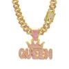 Couronne Rose Diamant pour Femme, Pendentif Lettre QUEEN, Collier Cubain Diamant Long Hip Hop Accessoire Féminin