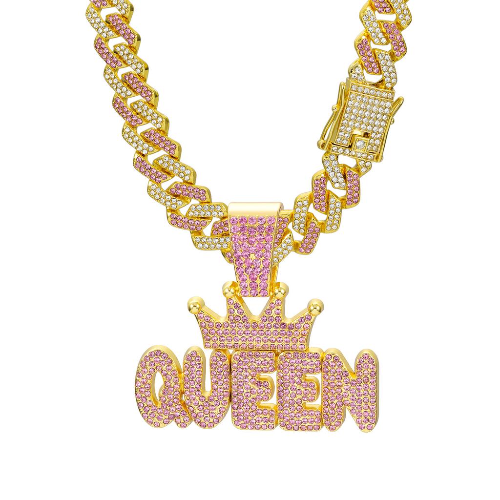 Couronne Rose Diamant pour Femme, Pendentif Lettre QUEEN, Collier Cubain Diamant Long Hip Hop Accessoire Féminin