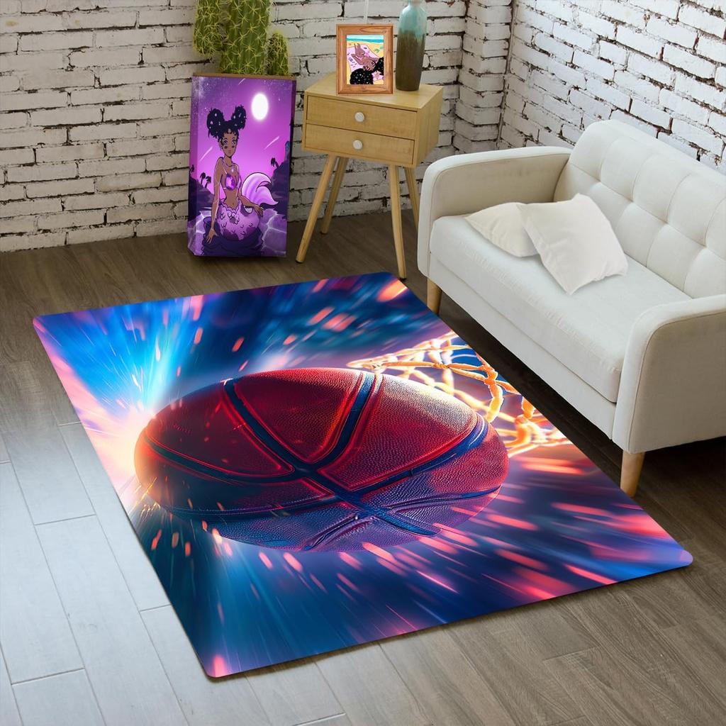 Basketball Rug for Boys Bedroom Kids Football Carpet Water Fire Sports Rugs for Boys Bedroom Baseball, Soccer Rug for Playroom
