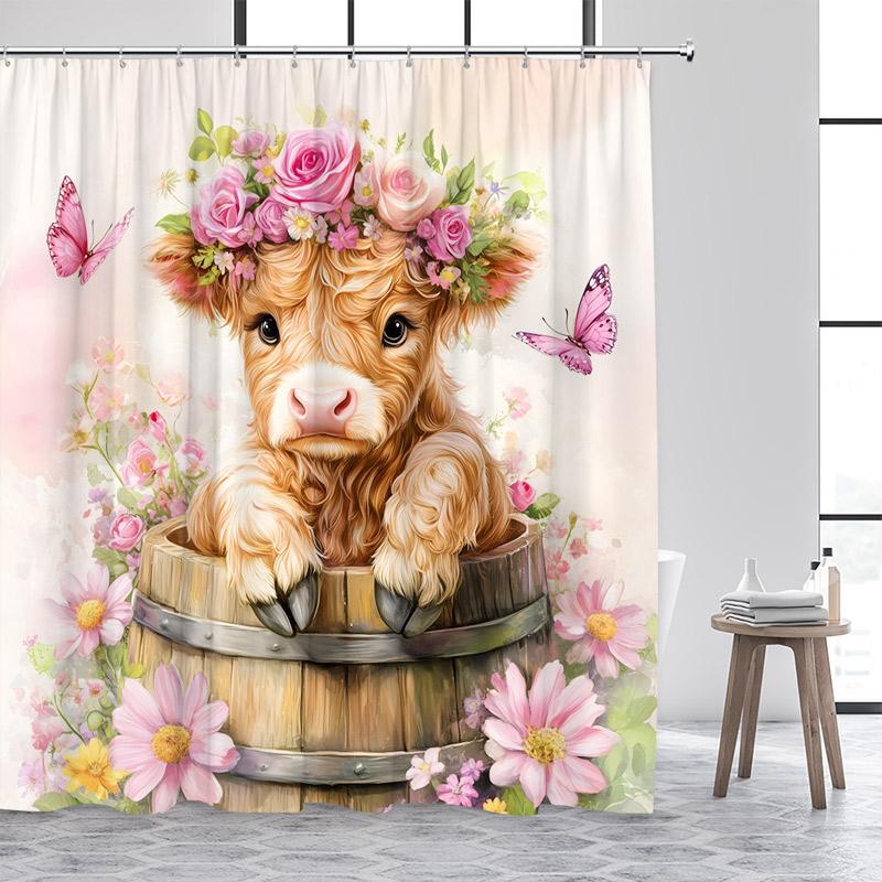 Funny Bathing Highland Cattle Shower Curtains Brown Farm Animal Cow Old Newspaper Fabric Bathroom Bath Curtain Decor With Hooks