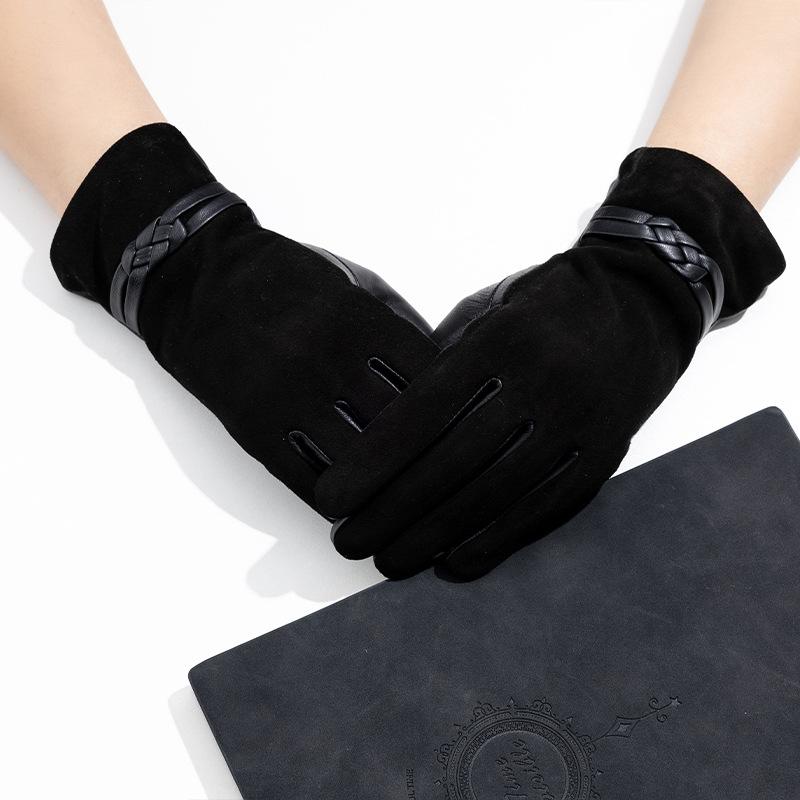 Adult Genuine Leather Gloves Women's Sheepskin and Cashmere Fashionable and Warm Skiing Full Finger and Two Finger Touch Screen Gloves