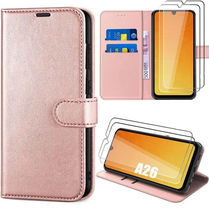 Coque de protection - BOOLING - Samsung Galaxy A26 5G - Cuir PU Rose - 2 Verres Trempés - Antichoc