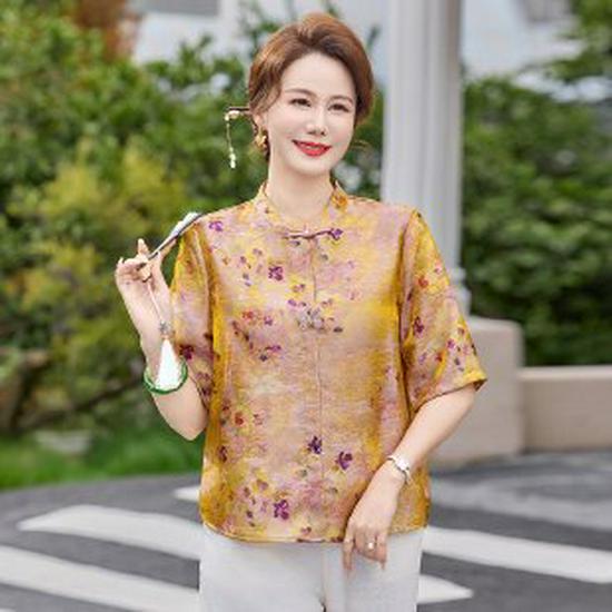 

2026 Summer Elegant Chinese-Style Light Luxury Printed Top for Middle-Aged and Elderly Women 4XL (Recommend 135-150 Jin) фіолетовий