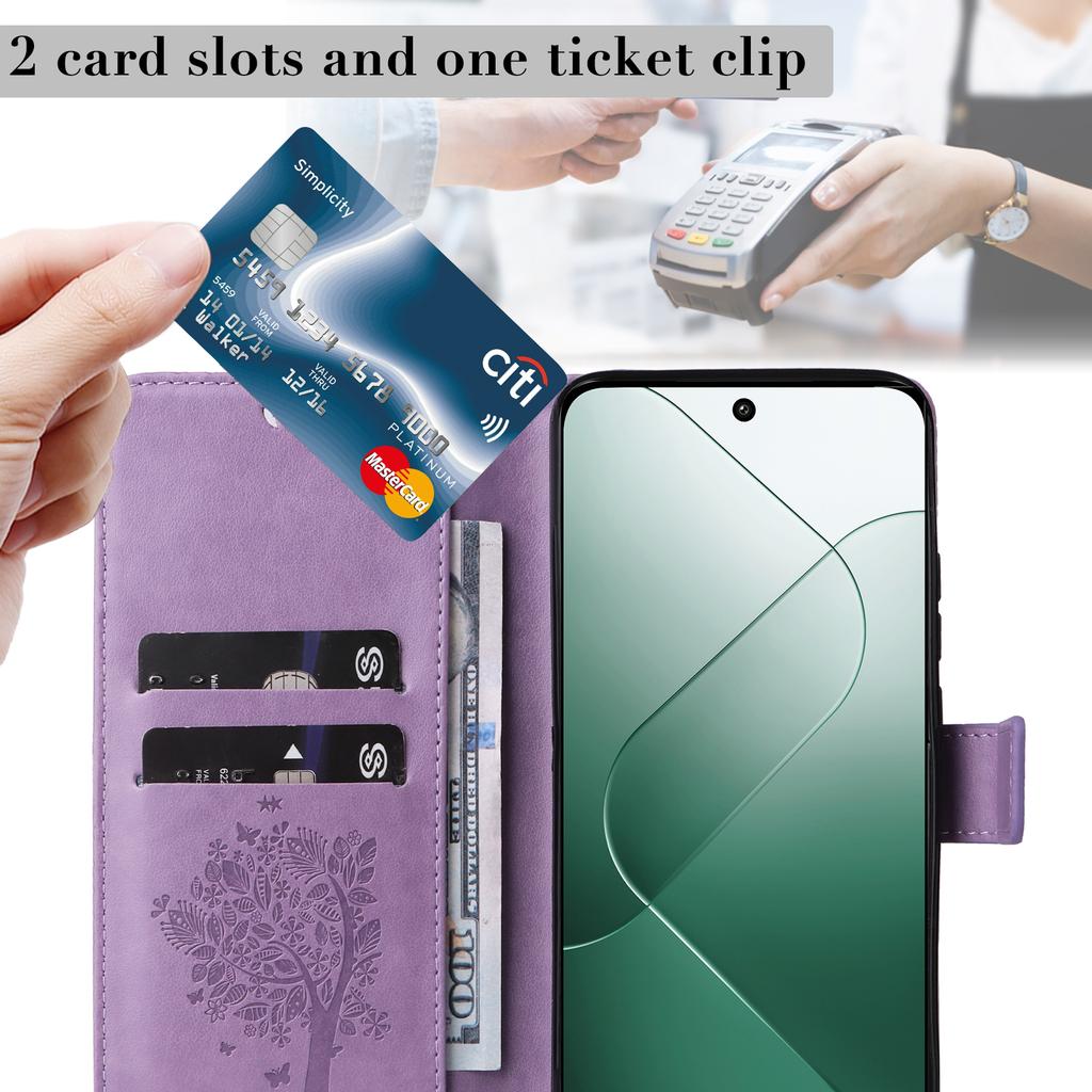 For Xiaomi 14 Phone Case with Stand Cat Tree Pattern Leather Wallet Mobile Cover