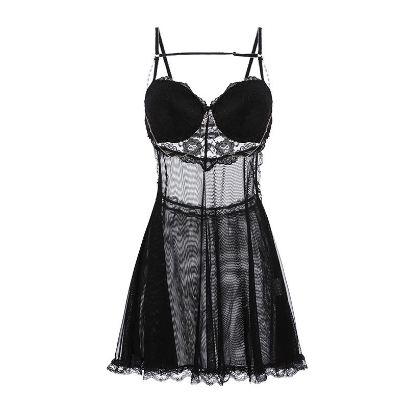 Women's Mesh Underwire Push Up Padded Backless Cami Sleep Dress Costume Set