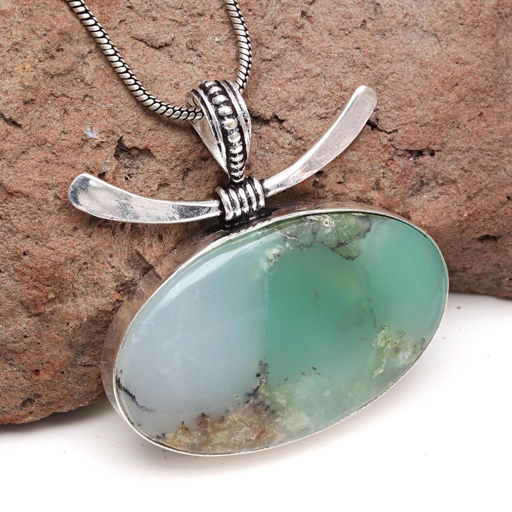 Chrysoprase Gemstone Handmade Women's Unisex Silver Jewelry Pendant 1.75