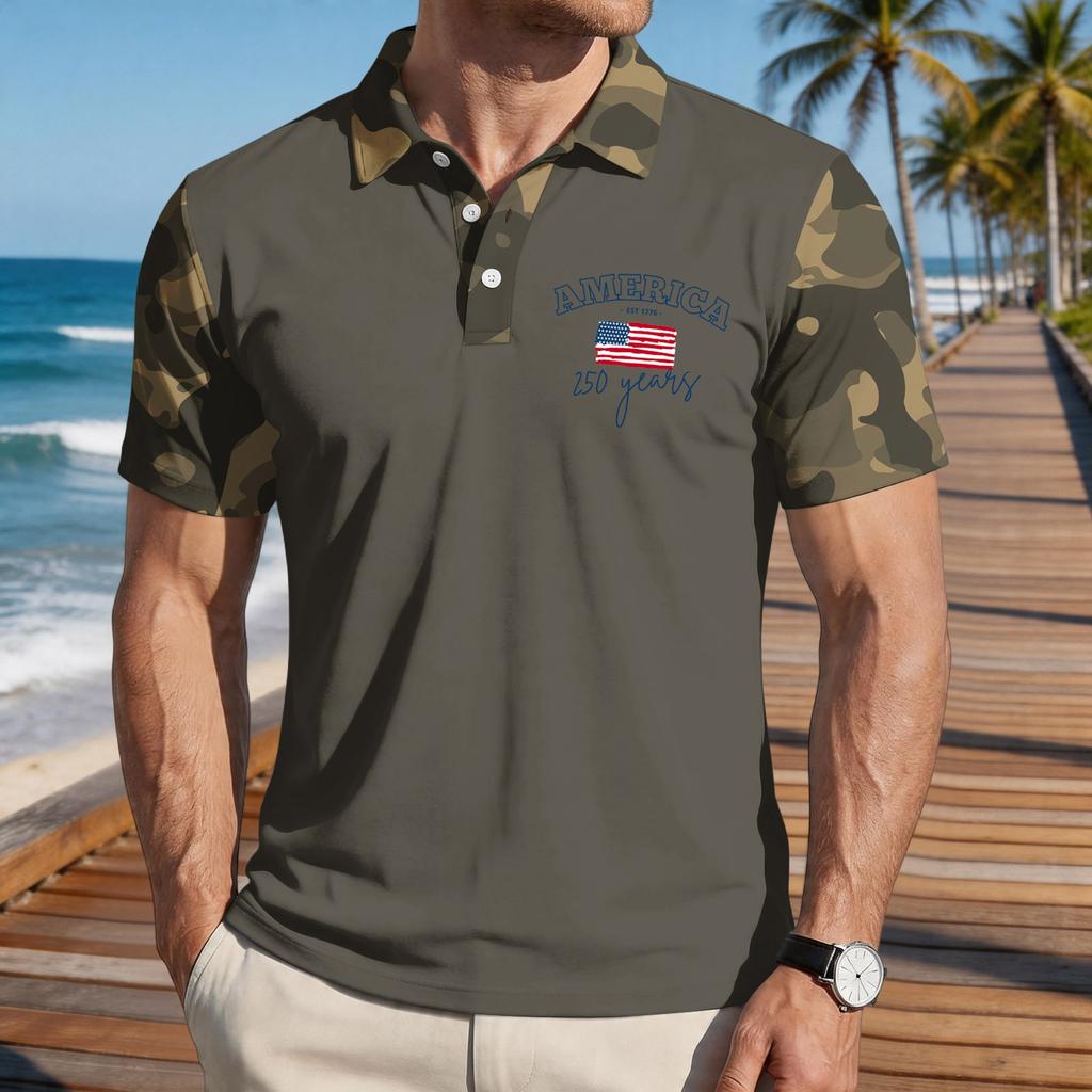 Men's Loose Fit Casual Polo Shirt Short Sleeve Flag Print Button Down Collar Lightweight Breathable Fabric Summer Top