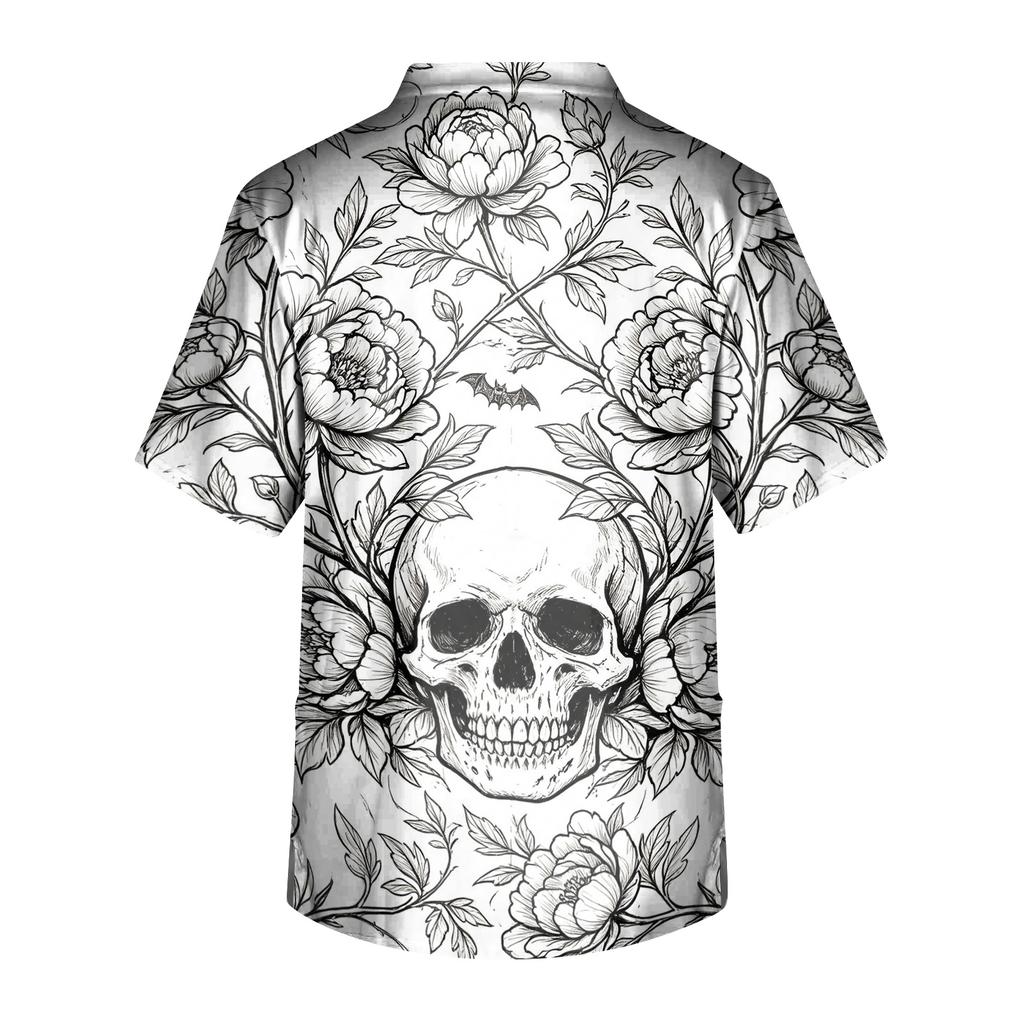 Men's Halloween Printed V-Neck Scrub Top Short Sleeve with Pockets for Work Uniform