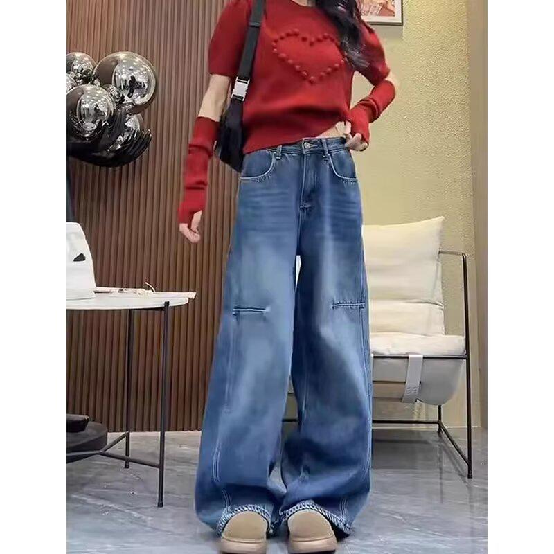 

2025 Винтажные выстиранные женские брюки с высокой талией, облегающие, с широкими штанинами, на флисовой подкладке 3XL: Height 155-165CM (150-165 jin)